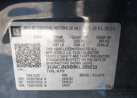 2019 Chevrolet Trax Ls z USA, uszkodzony, nr VIN 3GNCJNSB9KL285011